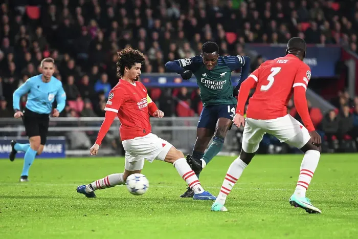 Framed Print : Arsenal's Eddie Nketiah Scores First Goal: PSV Eindhoven vs Arsenal, UEFA Champions League 2023 / 24 Framed Print : Arsenal's Eddie Nketiah Scores First Goal: PSV Eindhoven vs Arsenal, UEFA Champions League 2023 / 24