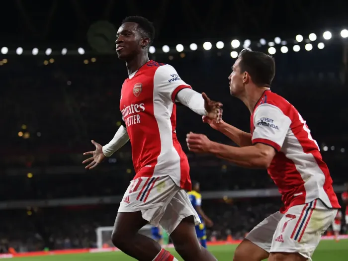 Framed Print : Arsenal's Eddie Nketiah Scores Third Goal in Carabao Cup Win Against AFC Wimbledon