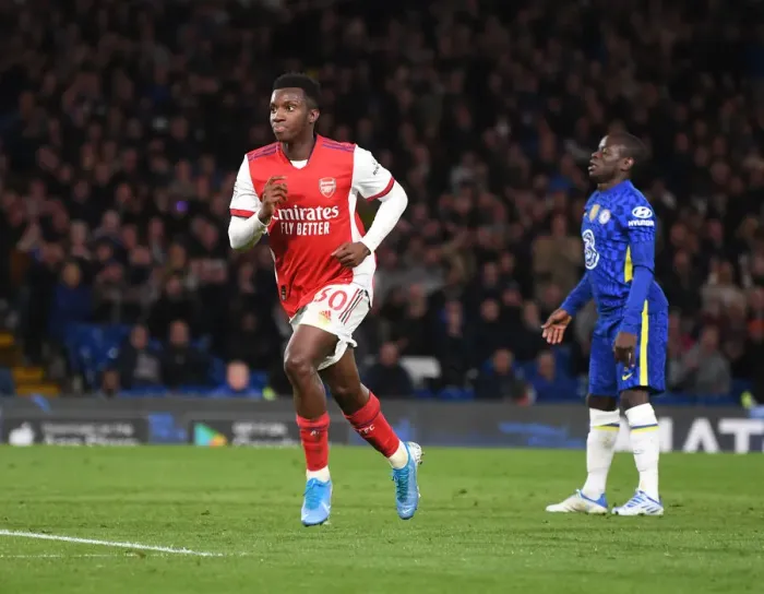 Framed Print : Arsenal's Eddie Nketiah Scores Third Goal in Thrilling Chelsea Victory, Premier League 2021-22