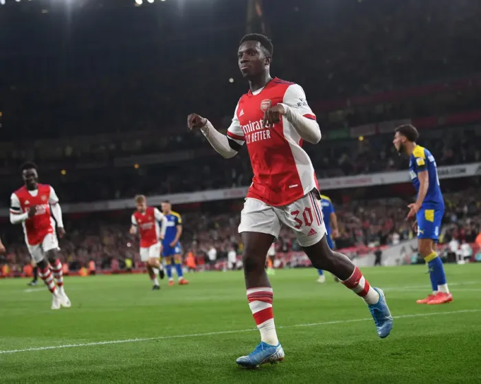 Framed Print : Arsenal's Eddie Nketiah Scores Hat-Trick: Arsenal Crushes AFC Wimbledon in Carabao Cup