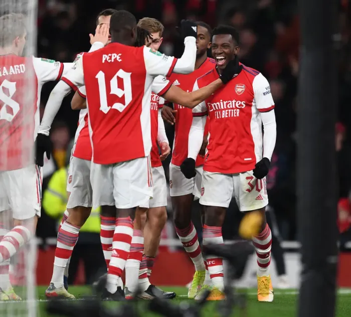 Framed Print : Arsenal's Eddie Nketiah Scores Hat-trick: Carabao Cup Quarterfinals Secured with 4-2 Win over Sunderland