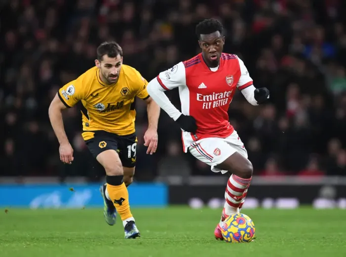 Framed Print : Arsenal's Eddie Nketiah Scores Past Wolves Jonny in Premier League Clash
