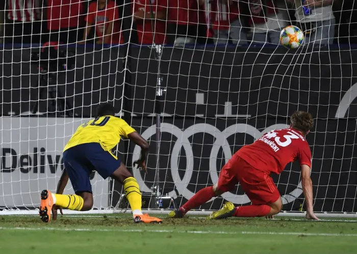 Framed Print : Arsenal's Eddie Nketiah Scores Second Goal Against Bayern Munich in 2019 International Champions Cup, Los Angeles Framed Print : Arsenal's Eddie Nketiah Scores Second Goal Against Bayern Munich in 2019 International Champions Cup, Los Angeles