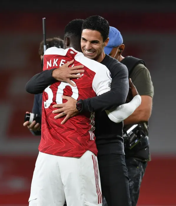 Framed Print : Arsenal's Eddie Nketiah Scores Winning Goal, Mikel Arteta Celebrates