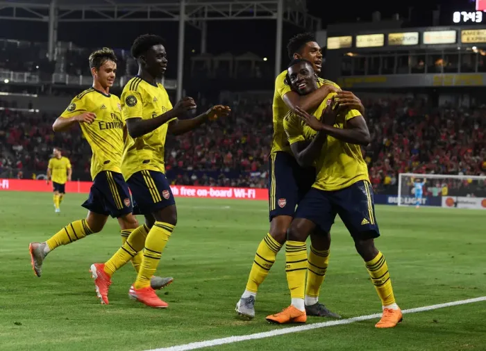 Framed Print : Arsenal's Eddie Nketiah and Tyreece John-Jules Celebrate Goals Against FC Bayern Munich in 2019 International Champions Cup