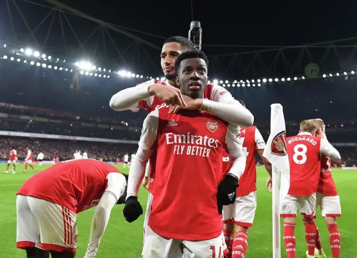 Framed Print : Arsenal's Eddie Nketiah and William Saliba Celebrate Goals Against Manchester United in 2022-23 Premier League