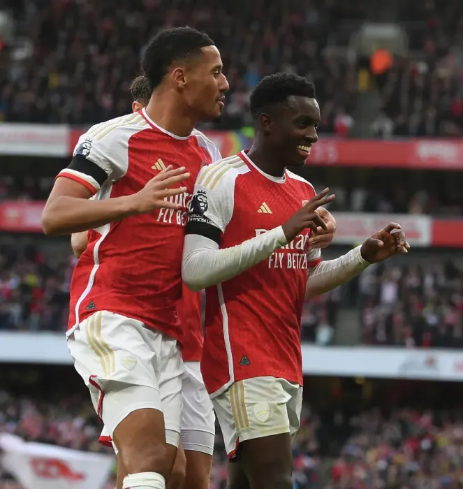Framed Print : Arsenal's Eddie Nketiah and William Saliba Celebrate Goals Against Sheffield United (2023-24) Framed Print : Arsenal's Eddie Nketiah and William Saliba Celebrate Goals Against Sheffield United (2023-24)