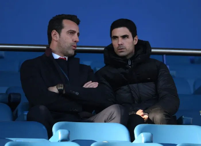 Framed Print : Arsenal's Edu and Arteta Discuss Tactics Before Everton Clash (Everton vs Arsenal, Premier League 2019-20)