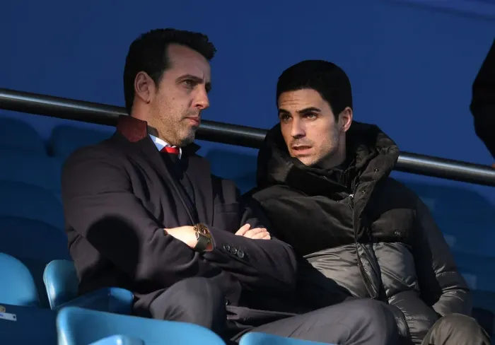 Framed Print : Arsenal's Edu and Arteta Pre-Match Conversation at Everton (Premier League, Dec 2019)