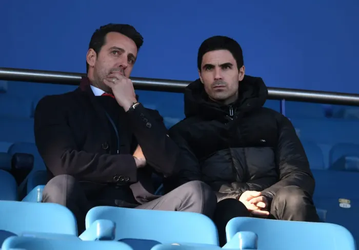 Framed Print : Arsenal's Edu and Mikel Arteta Discuss Strategy Before Everton Clash (Premier League 2019-20)