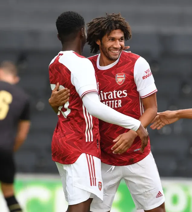 Framed Print : Arsenal's Elneny and Nketiah Celebrate First Goal in MK Dons Friendly, 2020