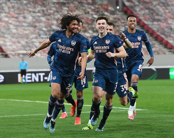 Arsenal's Elneny and Tierney Celebrate Goals in Empty Olympiacos Stadium, Europa League Round of 16
