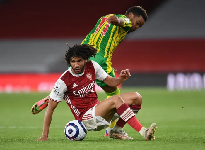 Framed Print : Arsenal's Elneny Wins the Ball in Empty Emirates Stadium: Arsenal vs. West Bromwich Albion (May 2021, Premier League)