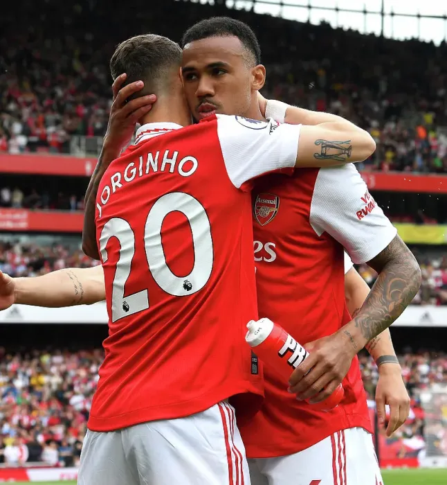 Framed Print : Arsenal's Embrace: Jorginho and Gabriel Unite Against Brighton in Premier League Showdown (2022-23)