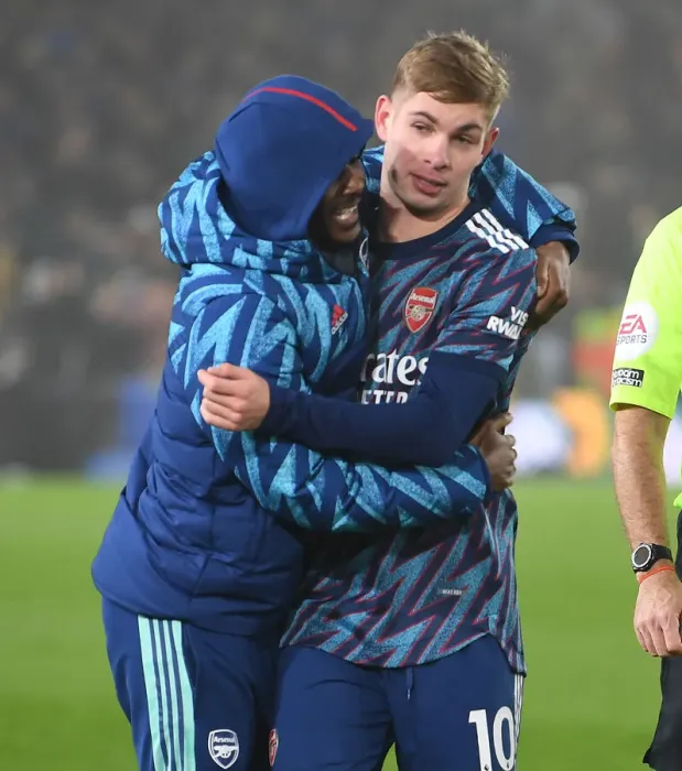 Framed Print : Arsenal's Emile Smith Rowe and Ainsley Maitland-Niles Celebrate Goal in Leeds United vs Arsenal (2021-22)