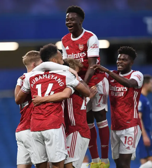 Framed Print : Arsenal's Emile Smith Rowe, Aubameyang, Saka, and Partey Celebrate Goal Against Chelsea in Empty Stamford Bridge (2020-21 Premier League) Framed Print : Arsenal's Emile Smith Rowe, Aubameyang, Saka, and Partey Celebrate Goal Against Chelsea in Empty Stamford Bridge (2020-21 Premier League)