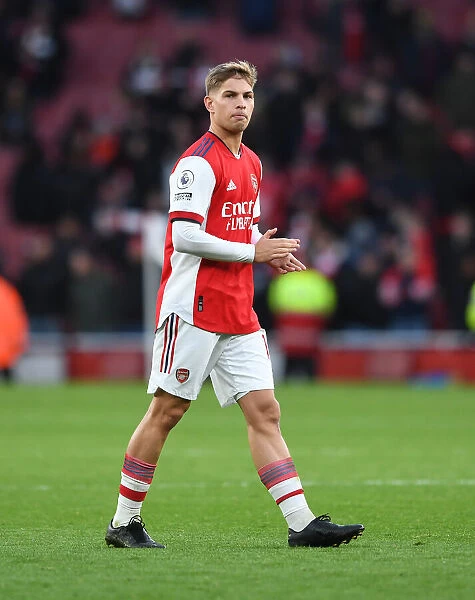 Arsenal's Emile Smith Rowe Celebrates with Fans after Arsenal v Brentford Match Win