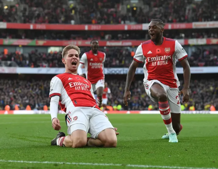 Framed Print : Arsenal's Emile Smith Rowe and Nuno Tavares Celebrate Goal Against Watford in 2021-22 Premier League