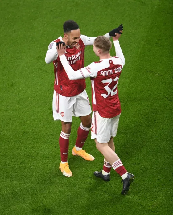 Framed Print : Arsenal's Emile Smith Rowe and Pierre-Emerick Aubameyang Celebrate First Goal vs Newcastle United in FA Cup Third Round