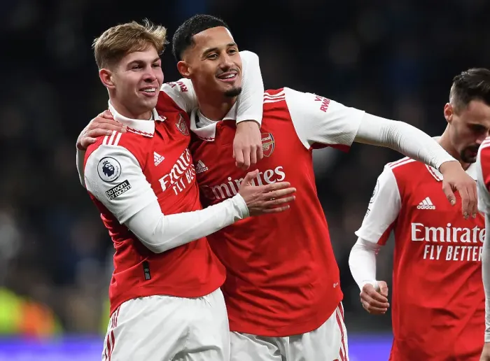 Framed Print : Arsenal's Emile Smith Rowe and William Saliba Celebrate after Tottenham Clash in 2022-23 Premier League Framed Print : Arsenal's Emile Smith Rowe and William Saliba Celebrate after Tottenham Clash in 2022-23 Premier League
