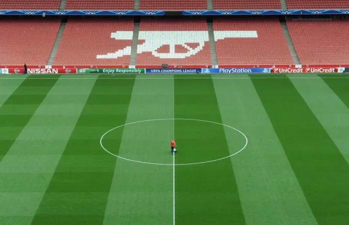 Framed Print : Arsenal's Emirates Stadium: Battle-Ready Pitch for UCL Qualifiers (2014) - Arsenal vs. Besiktas