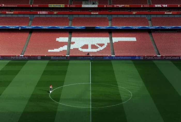 Framed Print : Arsenal's Emirates Stadium: A Closer Look at the Marked Pitch Ahead of Monaco Clash (2015)