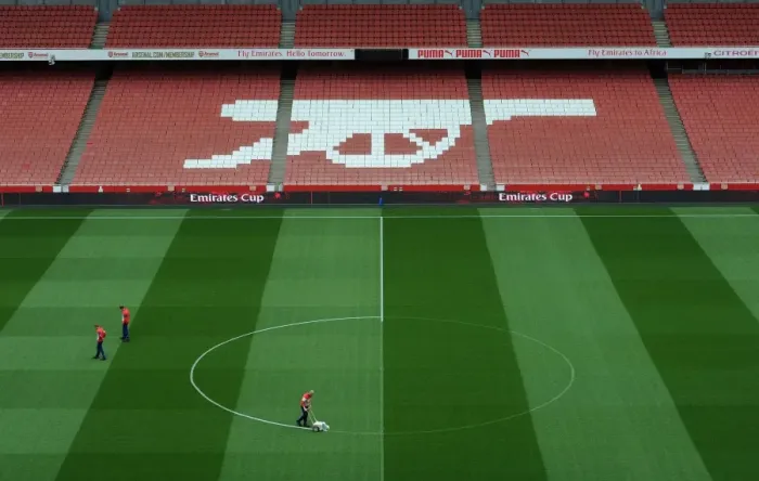 Framed Print : Arsenal's Emirates Stadium: Pitch Preparation for Arsenal vs. Sunderland (2014-15)