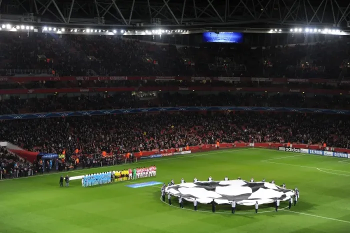Framed Print : Arsenal's Emirates Stadium: Pre-Match Atmosphere vs Olympique de Marseille, UEFA Champions League (2013-14)