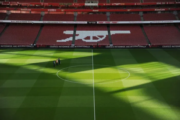 Framed Print : Arsenal's Emirates Stadium: Pre-Match Pitch Preparations