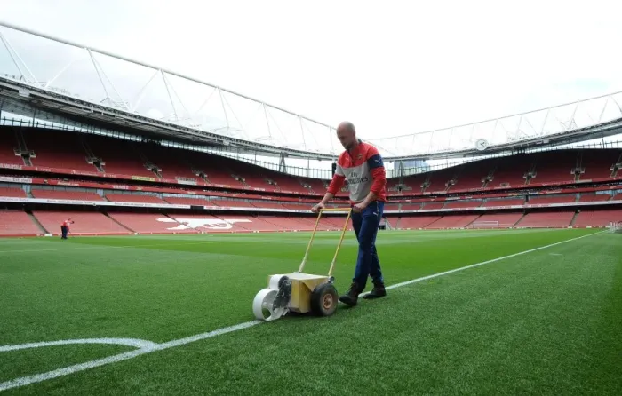 Framed Print : Arsenal's Emirates Stadium: Preparing for Arsenal vs. Sunderland (2015) - Pitch Marking