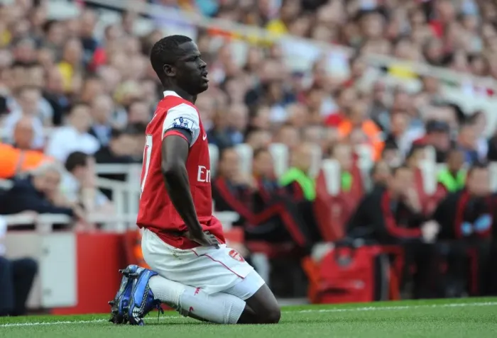 Framed Print : Arsenal's Emmanuel Eboue in Action Against Liverpool at the Emirates Stadium, Barclays Premier League, 17 / 4 / 11