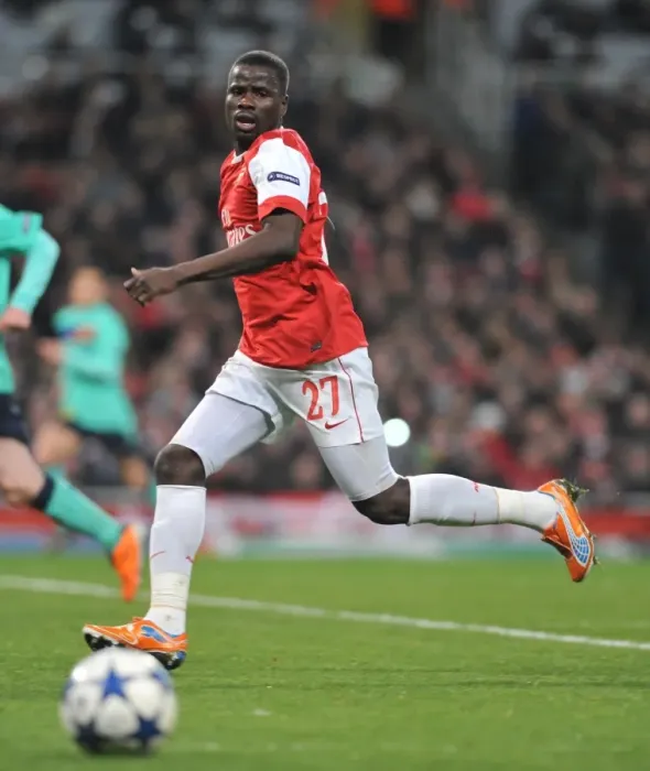 Framed Print : Arsenal's Emmanuel Eboue Celebrates Goal Against Barcelona in UEFA Champions League