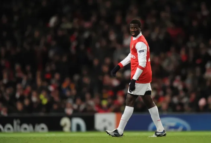 Framed Print : Arsenal's Emmanuel Eboue Celebrates Goal Against Partizan Belgrade in UEFA Champions League (3:1)