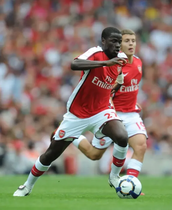 Framed Print : Arsenal's Emmanuel Eboue Celebrates Goal Against Rangers in Emirates Cup Match, 2009