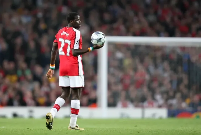Framed Print : Arsenal's Emmanuel Eboue Celebrates in UEFA Champions League Quarterfinal Victory over Villarreal