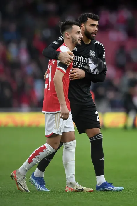 Framed Print : Arsenal's Emotional Victory: Fabio Vieira and David Raya Embrace at Full-Time (Arsenal 1-0 Sheffield United, 2023-24) Framed Print : Arsenal's Emotional Victory: Fabio Vieira and David Raya Embrace at Full-Time (Arsenal 1-0 Sheffield United, 2023-24)