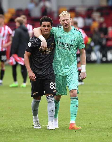 Arsenal's Ethan Nwaneri and Aaron Ramsdale: Post-Match Moment at Brentford Community Stadium (Brentford vs Arsenal, 2022-23)