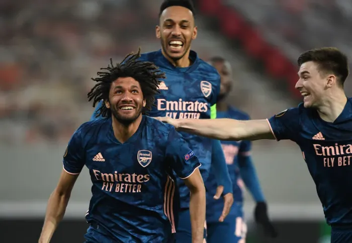 Framed Print : Arsenal's Europa League Triumph: Elneny, Aubameyang, and Tierney Celebrate 3-Goal Lead Over Olympiacos in Piraeus Framed Print : Arsenal's Europa League Triumph: Elneny, Aubameyang, and Tierney Celebrate 3-Goal Lead Over Olympiacos in Piraeus
