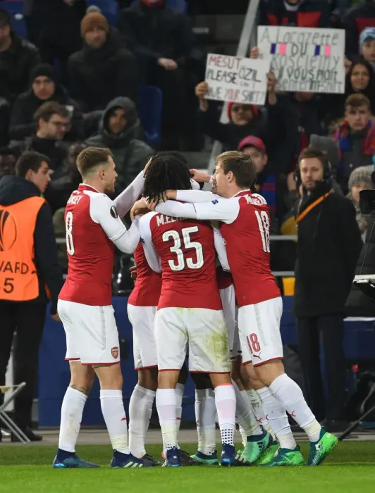 Framed Print : Arsenal's Europa League Victory: Danny Welbeck's Goal Celebration with Ramsey, Elneny, and Monreal (CSKA Moscow 2018)