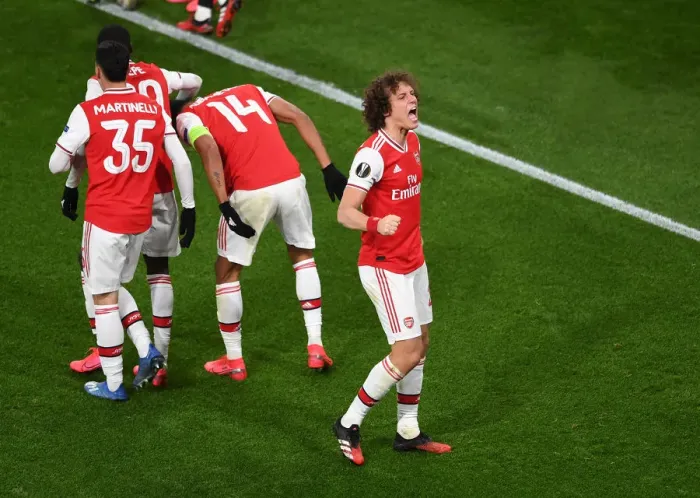Framed Print : Arsenal's Europa League Victory: David Luiz Celebrates Goal Against Olympiacos