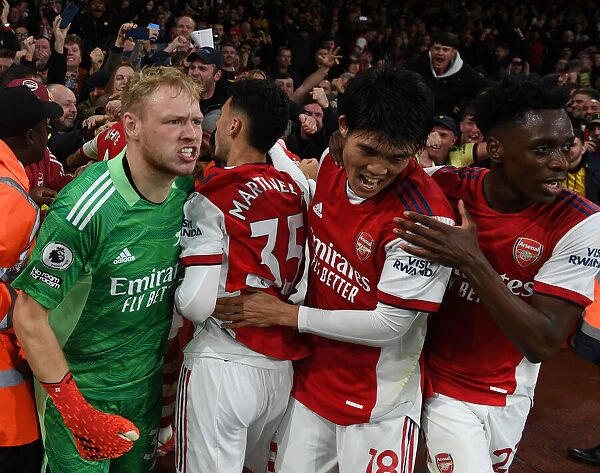 Arsenal's Exuberant Celebration: Ramsdale, Martinelli, Tomiyasu, and Gabriel Rejoice Over Lacazette's Goal Against Crystal Palace (2021-22)