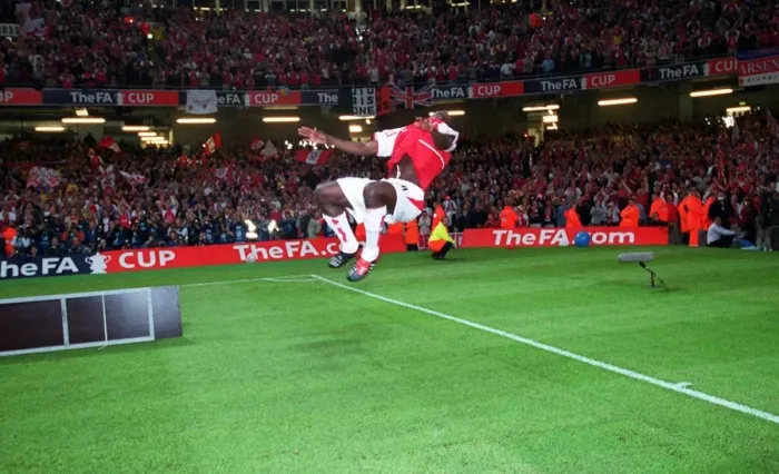Framed Print : Arsenal's FA Cup Triumph: Kolo Toure's Euphoric Backflip, Millennium Stadium, 2003