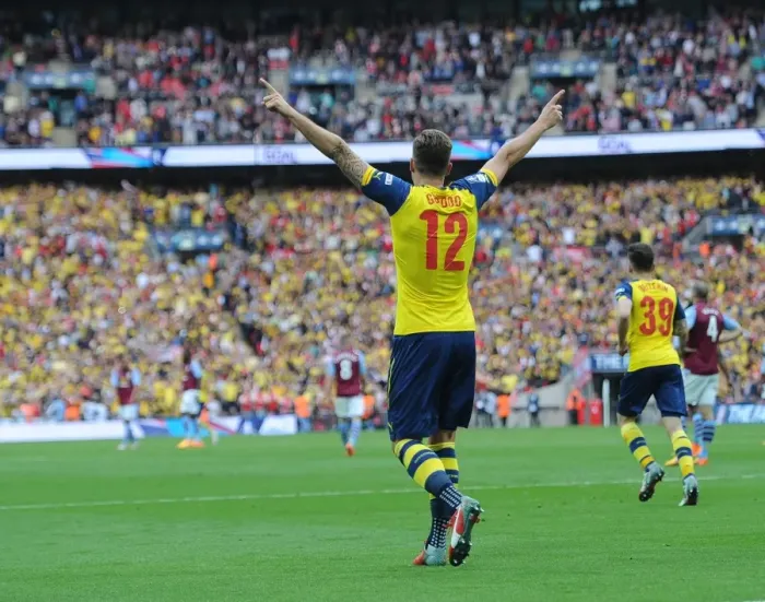 Framed Print : Arsenal's FA Cup Victory: Olivier Giroud's Goal Celebration (4-0 over Aston Villa, Wembley Stadium, May 30, 2015)