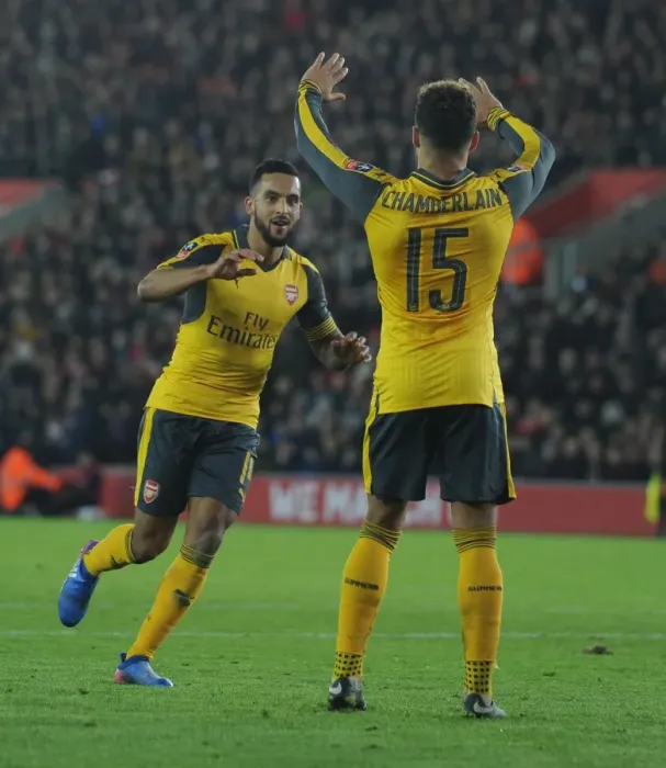 Framed Print : Arsenal's FA Cup Victory: Theo Walcott and Alex Oxlade-Chamberlain Celebrate Goals Against Southampton