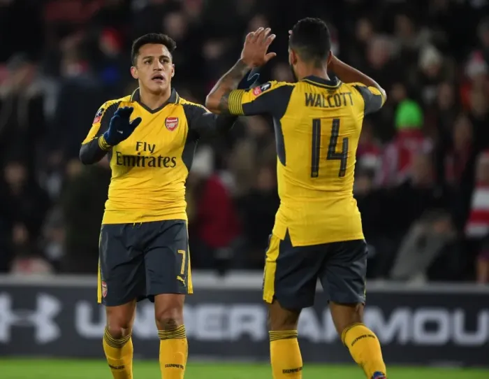 Framed Print : Arsenal's FA Cup Victory: Theo Walcott and Alexis Sanchez Celebrate Fifth Goal vs Southampton Framed Print : Arsenal's FA Cup Victory: Theo Walcott and Alexis Sanchez Celebrate Fifth Goal vs Southampton