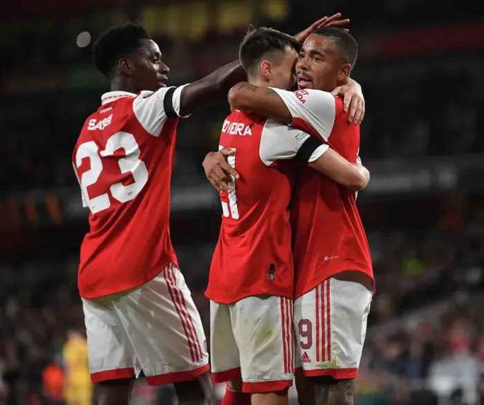 Framed Print : Arsenal's Fabio Vieira, Gabriel Jesus, and Albert Sambi Lokonga Celebrate Goals Against FK Bodo / Glimt in Europa League Match