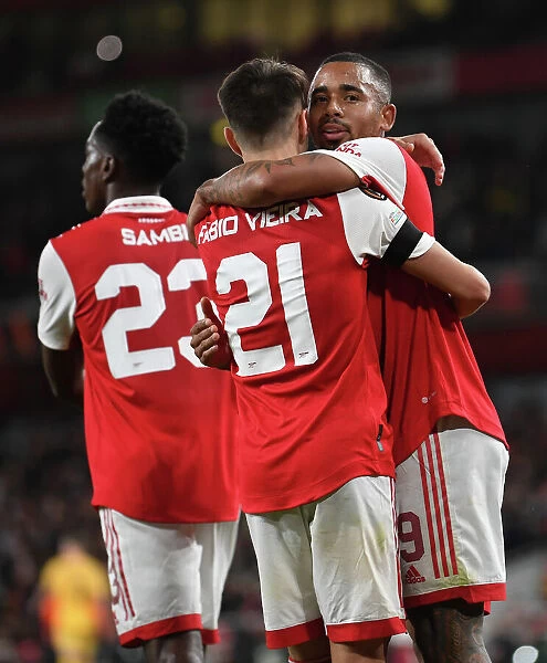 Arsenal's Fabio Vieira and Gabriel Jesus: Europa League Celebration after Vieira's Goal (Arsenal vs FK Bodo / Glimt, 2022-23)