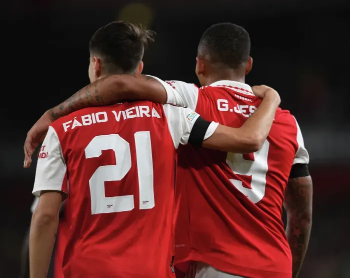 Framed Print : Arsenal's Fabio Vieira and Gabriel Jesus Celebrate Goal Against FK Bodo / Glimt in Europa League Match