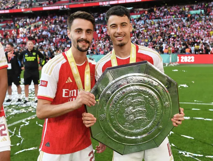 Framed Print : Arsenal's Fabio Vieira and Gabriel Martinelli Celebrate Community Shield Victory Over Manchester City