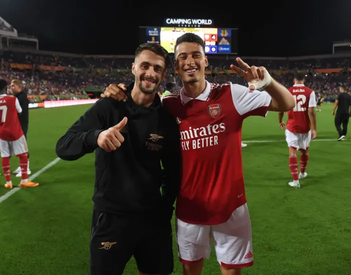 Framed Print : Arsenal's Fabio Vieira and Gabriel Martinelli Reunite After Chelsea Clash in Florida Cup Framed Print : Arsenal's Fabio Vieira and Gabriel Martinelli Reunite After Chelsea Clash in Florida Cup